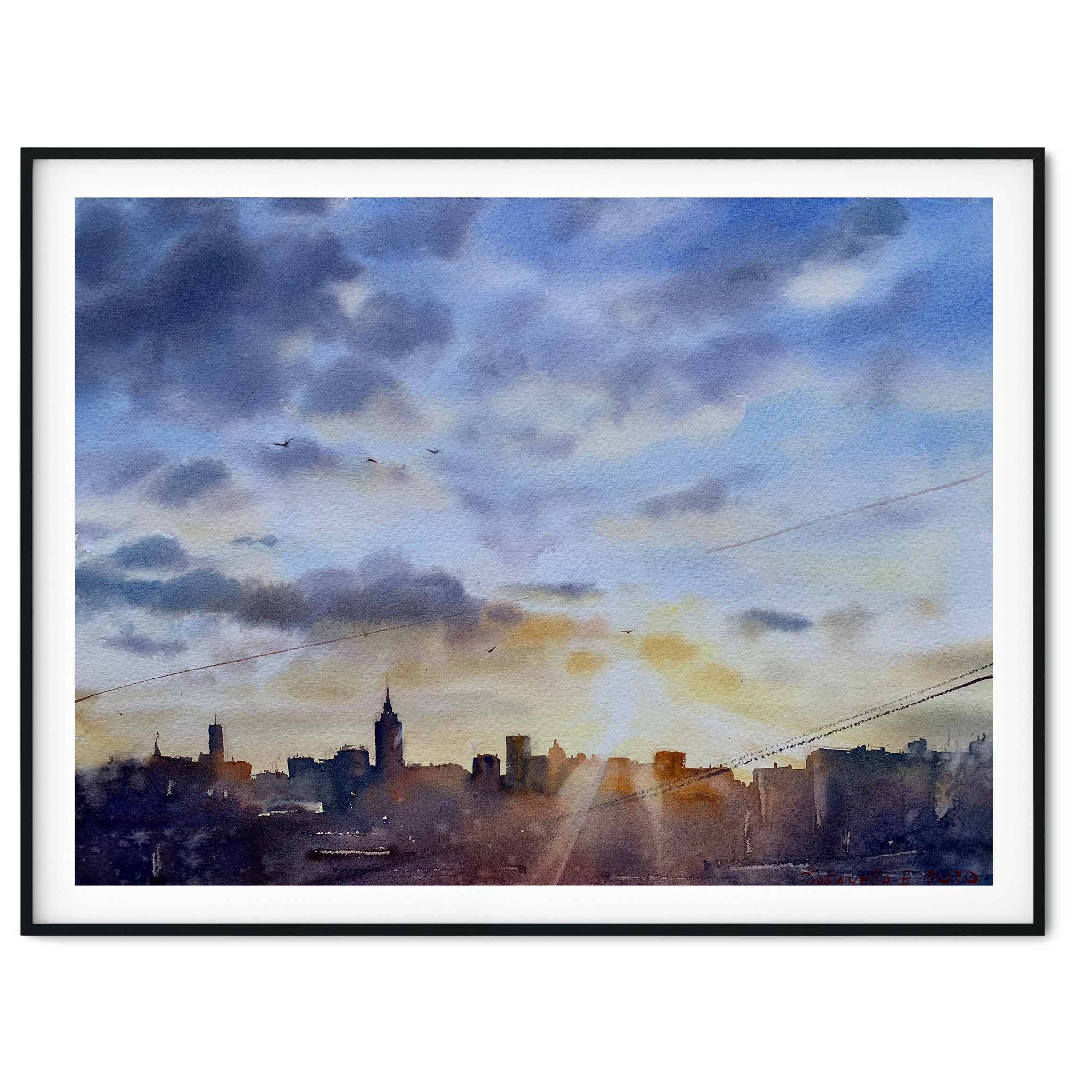 Winter Morning (original watercolor painting, landscape, cityscape, sunrise) newest