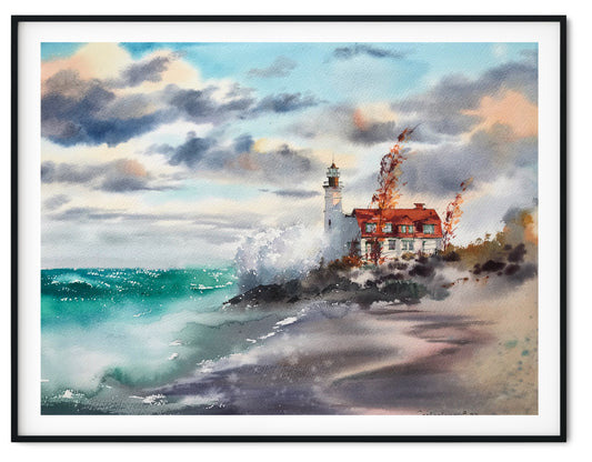 Watercolor Lighthouse Painting Original, Coastal Artwork, Nautical Wall Art Decor, Gifts For Men Unique, Blue Sea Clouds