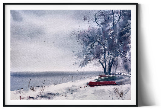 Lake Landscape Painting Watercolor Original, Winter Art, Country House Wall Decor, Rowing Boat, Trees, Nature Artwork