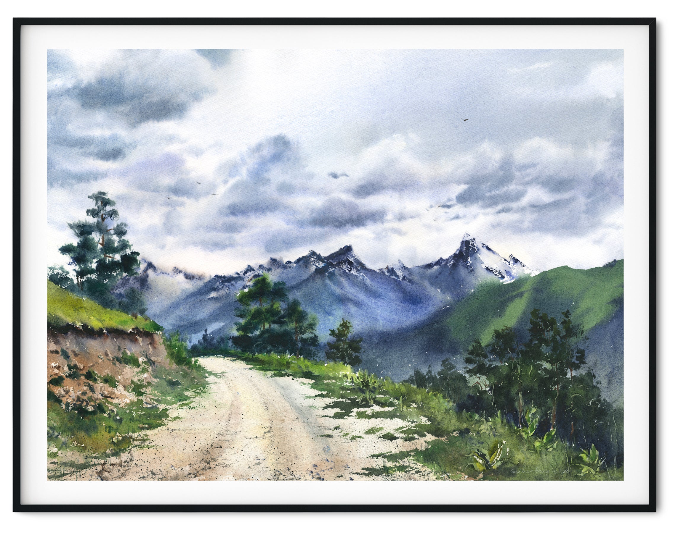 Green Mountain Painting, Watercolor Original Artwork, Nature Landscape ...