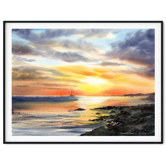 Abstract Seascape Painting Original, Sunset Ocean Wall Art, Watercolor Artwork, Horizontal Clouds, Gift For Dad
