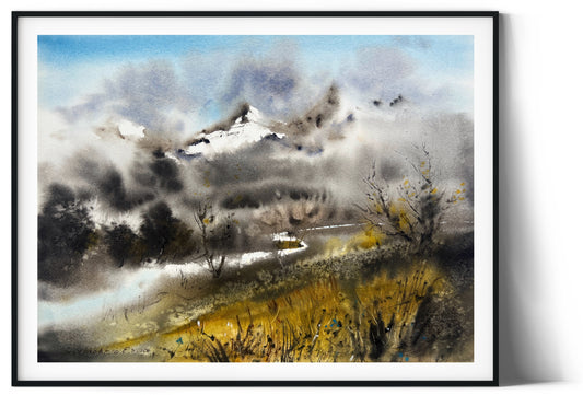 Abstract Mountain Painting Watercolour Original, Contemporary Art, Mountains, Wall Decor, Modern Landscape With River
