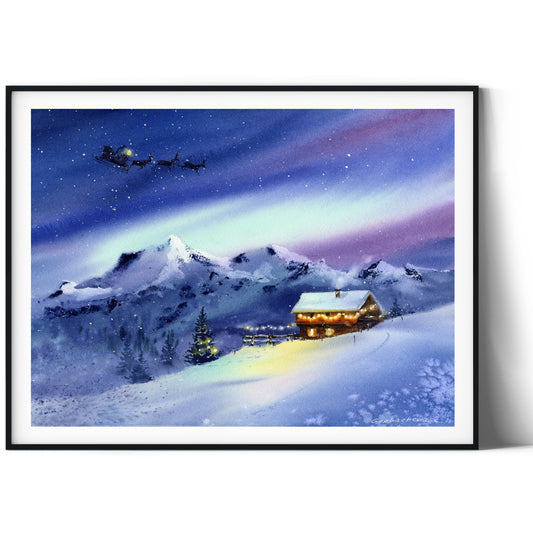 Christmas Wall Print, Winter Landscape, Watercolor Aurora Borealis, Santa's Sleigh Art Decor, Night Sky, New Year Decor