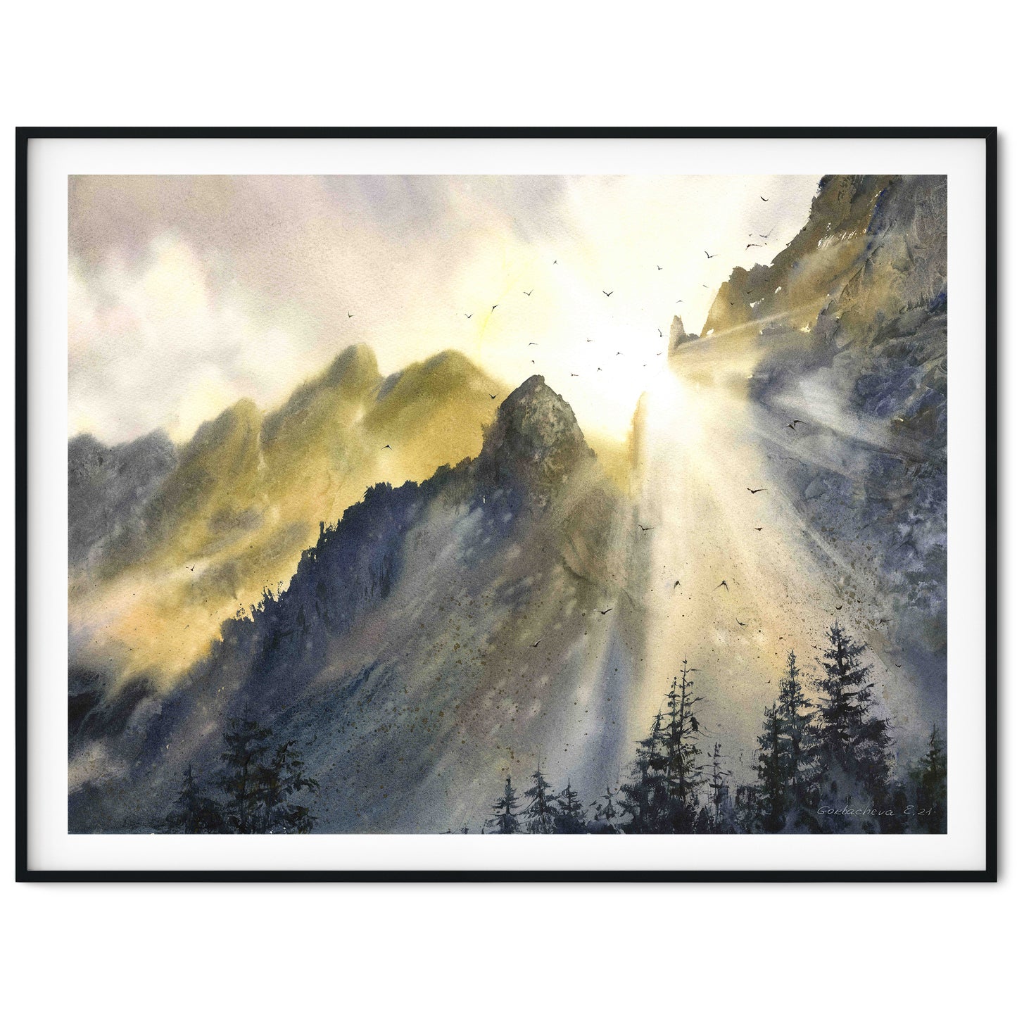 Sun and Mountain Wall Art, Watercolor Nature Artwork, Landscape Print, Modern Wall Art, Abstract Mountain Sunrise Print