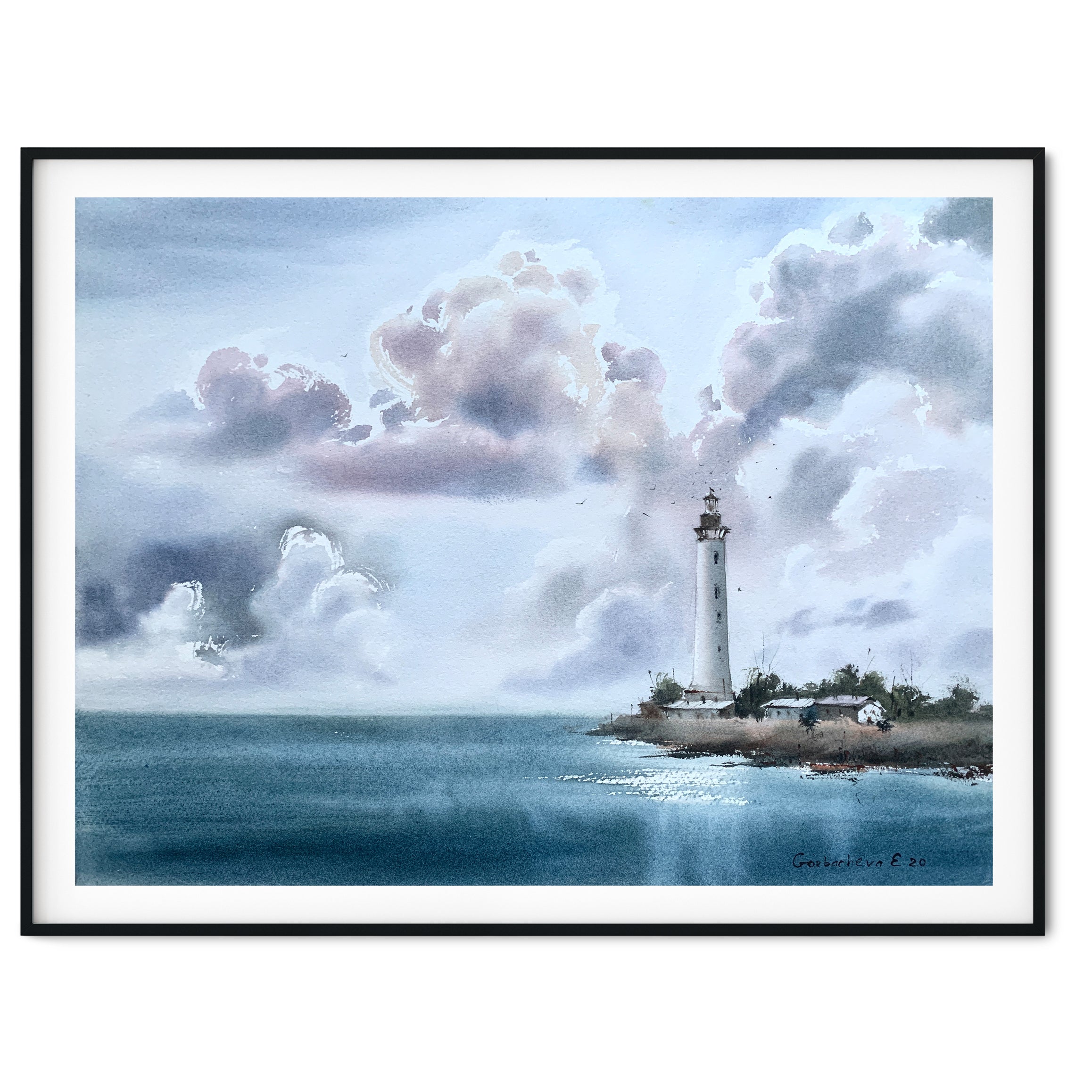 Original watercolor, marina painting. Seascape buy watercolor, lighthouse wall art. Lighthouse watercolor, coastal watercolor. ArtduStudio 8×11