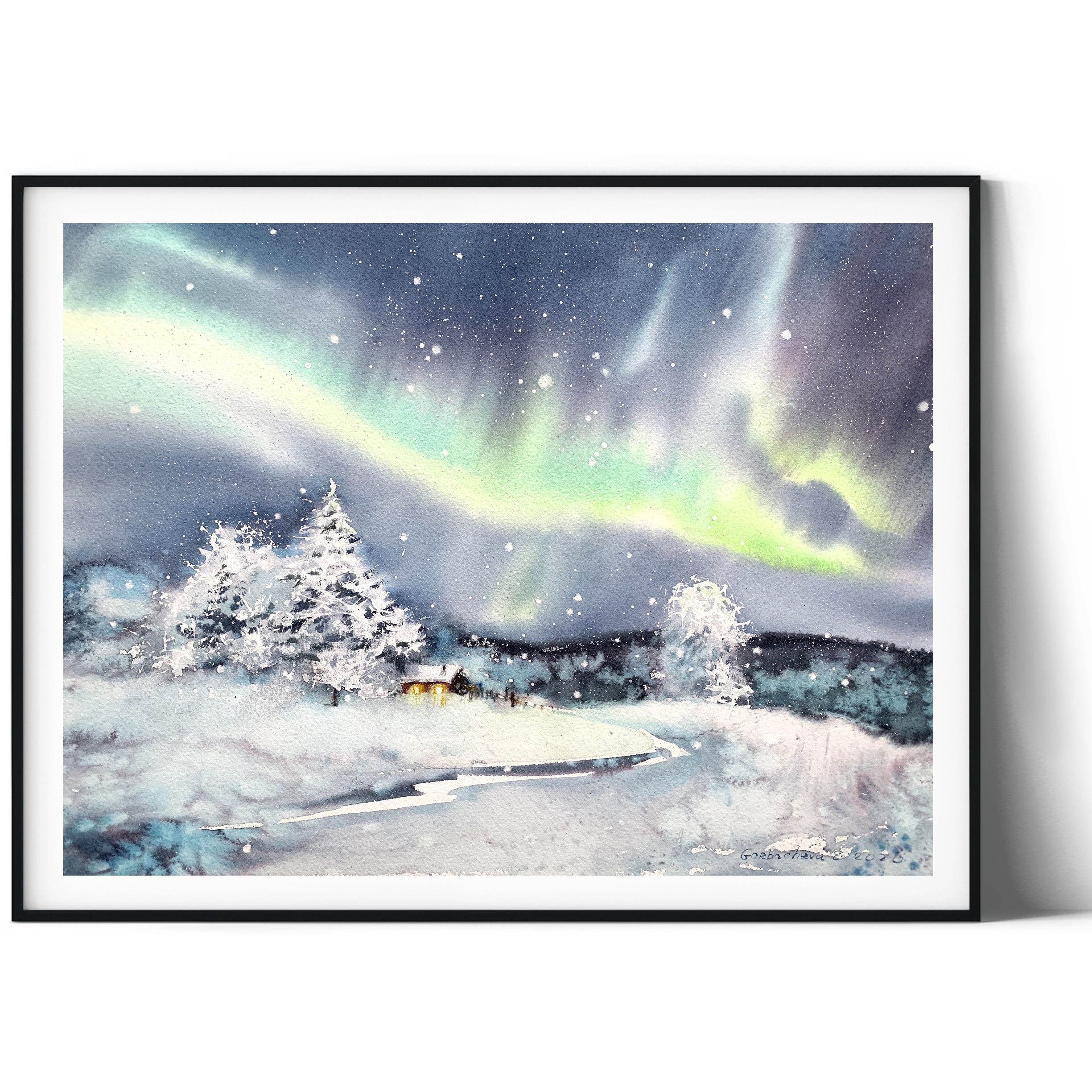 Skater's Cabin Aurora Borealis Watercolor Wash on Print fashion on Bond Paper Juneau Alaska