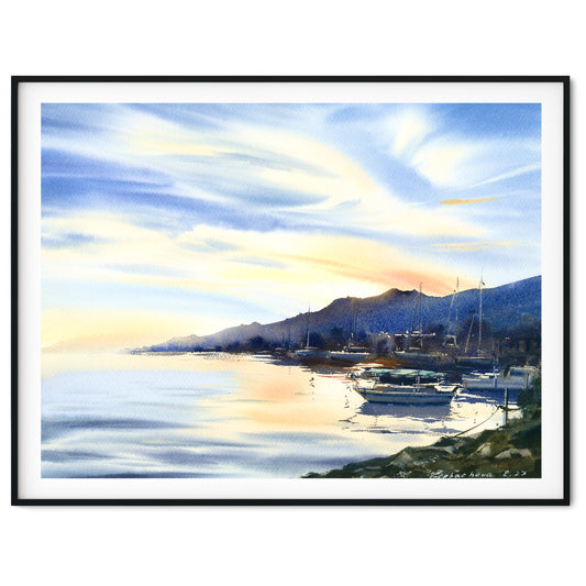 Boat Pier Painting Original Watercolor, Mediterranean Artwork, Coastal City Art, Travel Gift, Blue Sea, Seascape