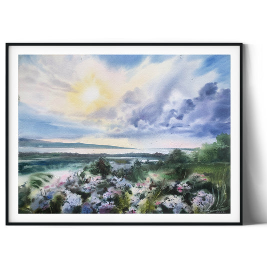 Wildflowers Field Painting Watercolor Original, Farmhouse Wall Decor, Landscape With River & Clouds, Scenery Painting