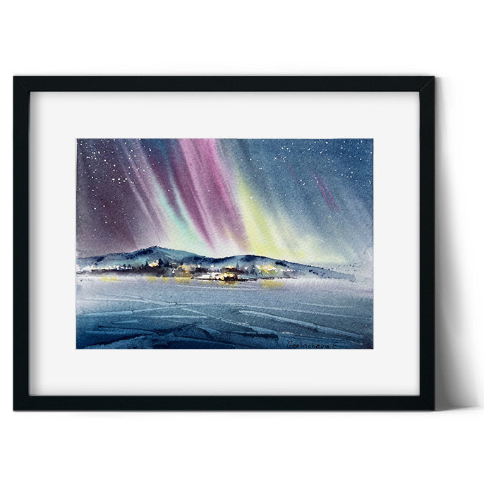 Aurora Small Painting Original, Northern Lights Watercolor, Frozen Lake, Norwegian Landscape, Wall Art, Christmas Gift
