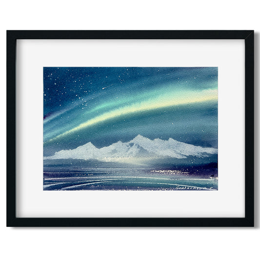 Northern Lights Small Painting Watercolor Original, Aurora Borealis Wall Art, Winter Nordic Landscape, Adventure