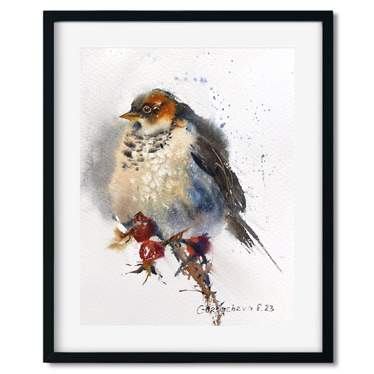 Original Art - Watercolor Painting of Small Gray Bird and Red Berries - Beautiful Wall Accent - Christmas Gift for Nature Enthusiasts