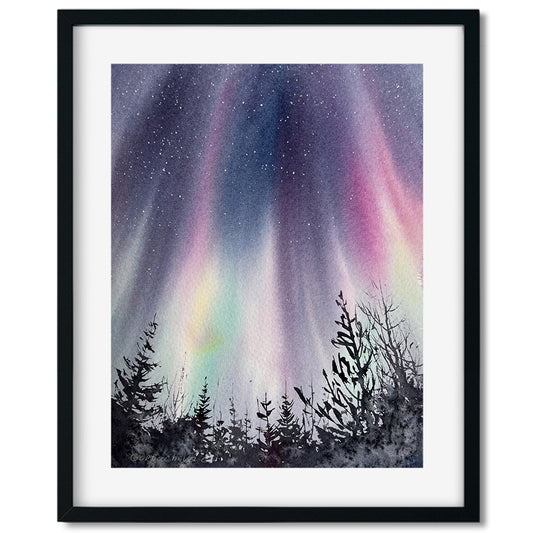Northern Lights Original, Watercolor Aurora Painting, Winter Forest, Norwegian Landscape, Wall Art, Christmas Gift