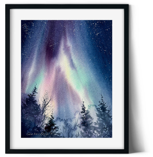 Christmas Painting, Small Watercolor Original, Aurora Borealis, Night Sky, Northern lights, Snowy Landscape