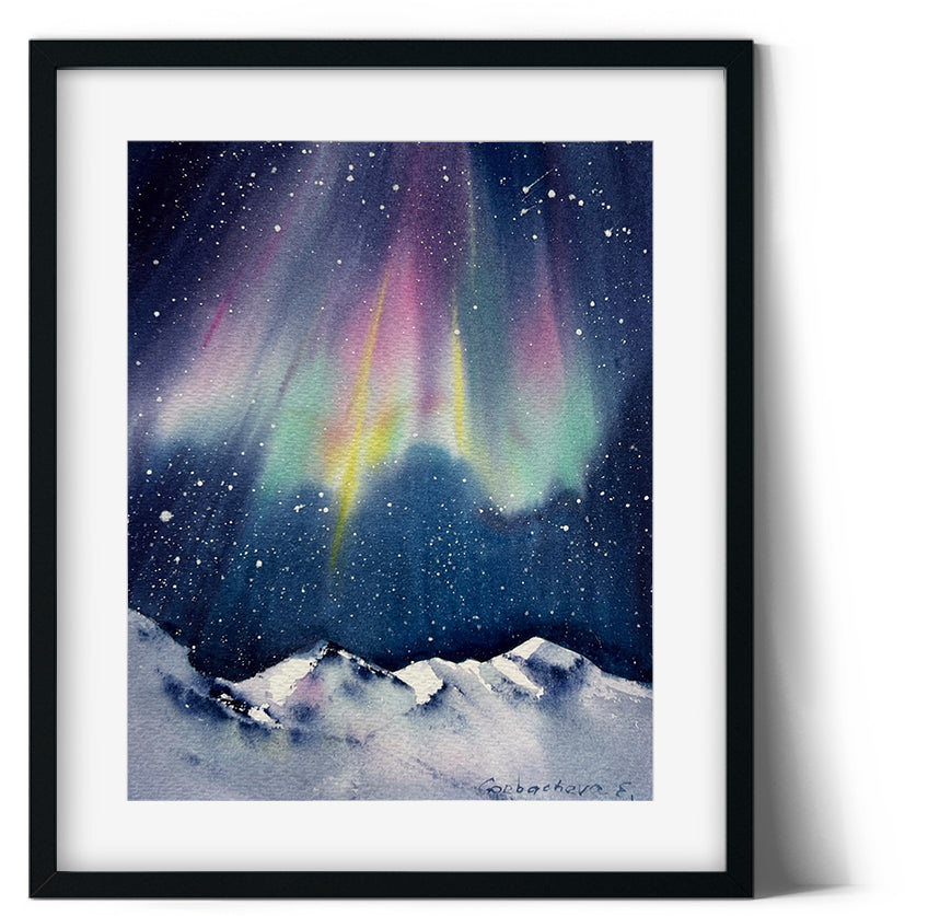 Small Watercolor Painting 'Northern Lights #8', Original Aurora Borealis Art, Christmas Gift