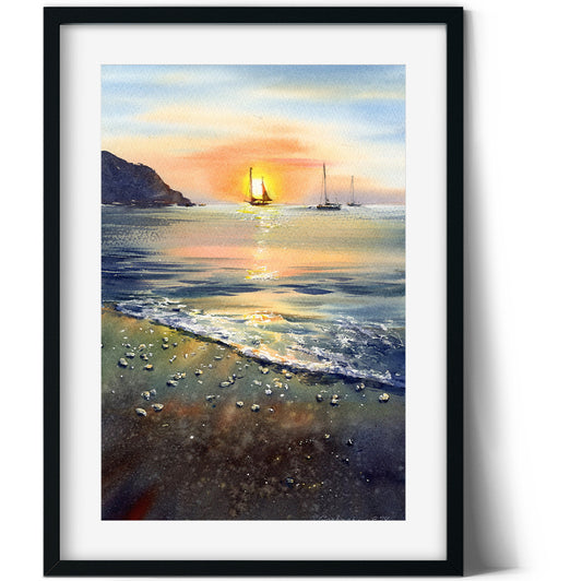 Sailboat Sunset Watercolor Original Painting - Coastal Seascape Wall Art - Sunset romance #3