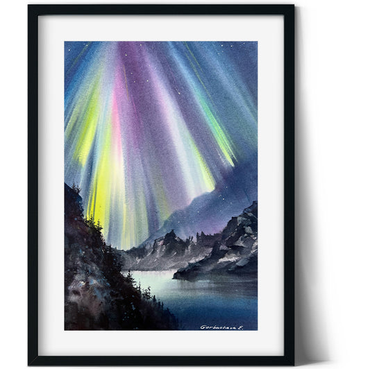 Northern Lights #50 - Aurora Borealis Watercolor Painting - Forest and Mountains Night Scene