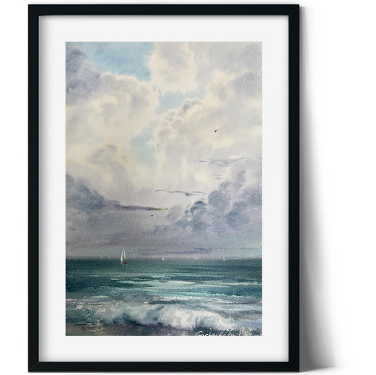 Original Watercolor Artwork 'Waves and Clouds #2' - Coastal Home Wall Decor