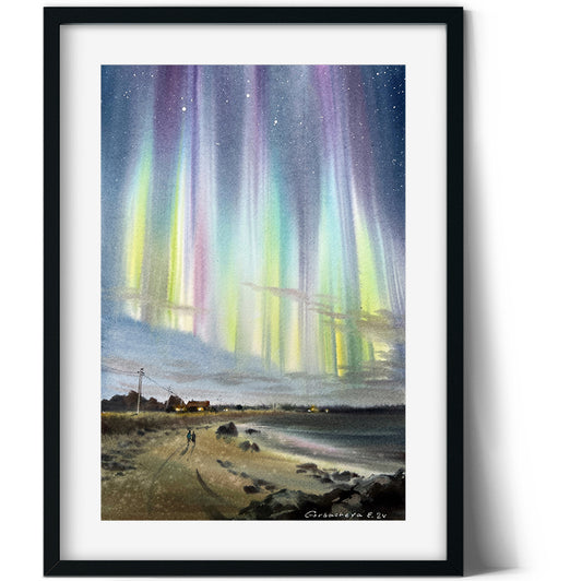 Northern Lights #47 - Winter Night Sky Painting - Small Watercolor Aurora Borealis Art