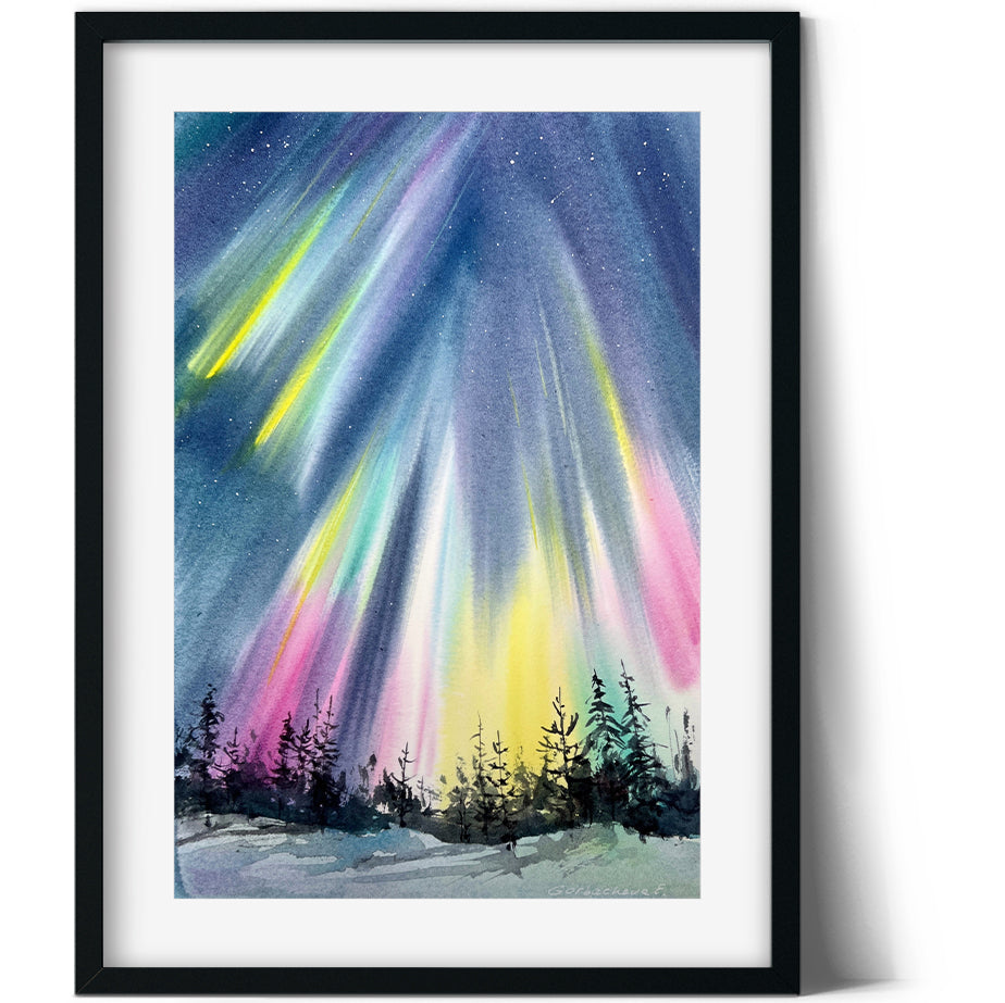 Original Watercolor Painting - Northern Lights #51 - Snowy Scenery, Aurora Night Sky Christmas Art