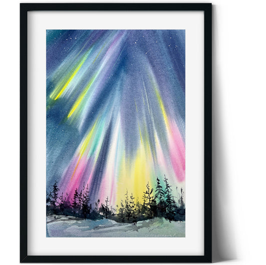 Original Watercolor Painting - Northern Lights #51 - Snowy Scenery, Aurora Night Sky Christmas Art