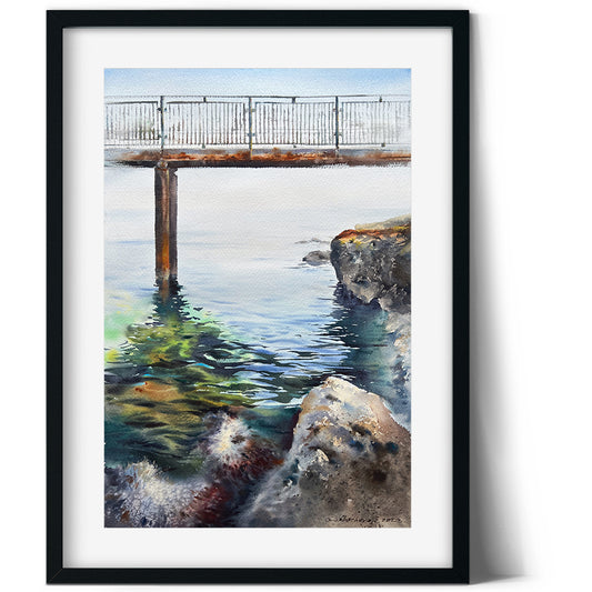 Sea Bridge Painting, Marine Watercolor Original Artwork, Cyprus Seascape, Landscape Wall Art, Unique Art