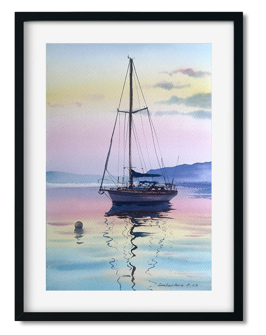 Original Watercolor Small Painting - Yacht at sunset #5
