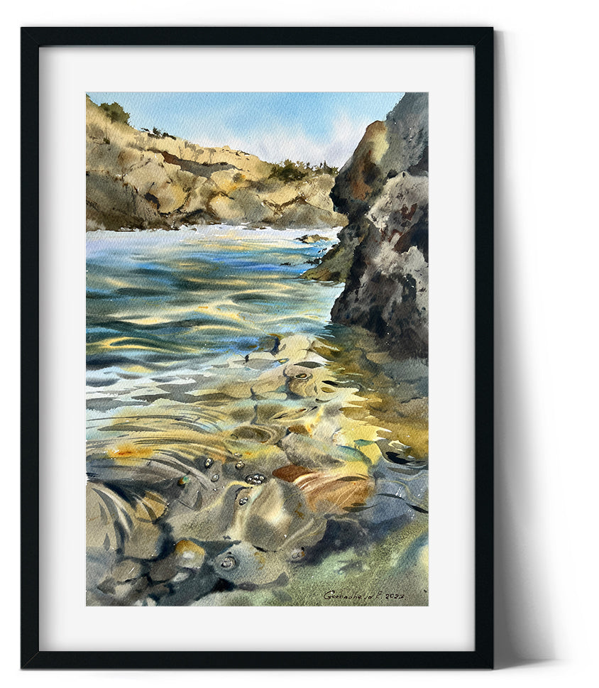 Realistic Painting Original Watercolor Sea Bay, Modern Seascape, Cyprus Coastal Art, Clear Water, Bedroom Wall Decor
