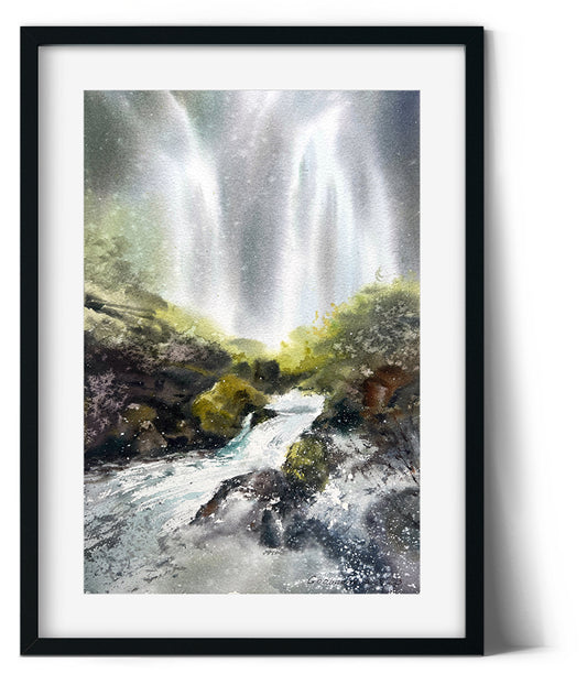 Waterfall Watercolor Original Painting, Nature Art Decor, Icelandic Nordic Landscape Artwork, Gift For Traveler