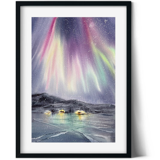 Northern Lights Small Painting Watercolor Original, Aurora Borealis Wall Art, Winter Nordic Landscape, Frozen Lake