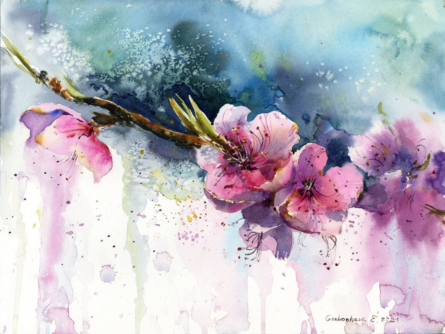 Floral Watercolor Print Set Of 2, Flower Wall Decor, Cherry Blossom Art, Colorful Flower Artwork, Pink Peach, Sakura