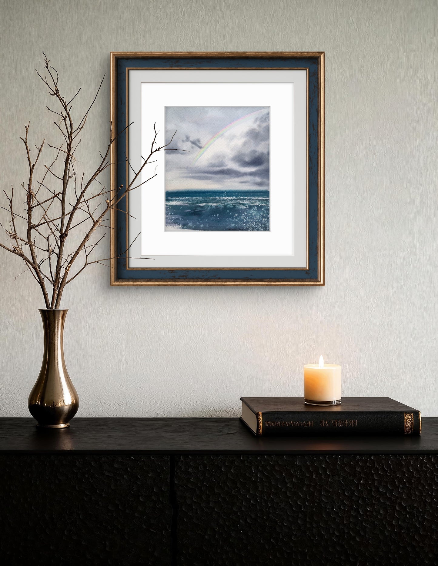 Rainbow Over Sea Original Watercolor Painting, Coastal Ocean Wall Art, Rainbow over the sea 7.5x9