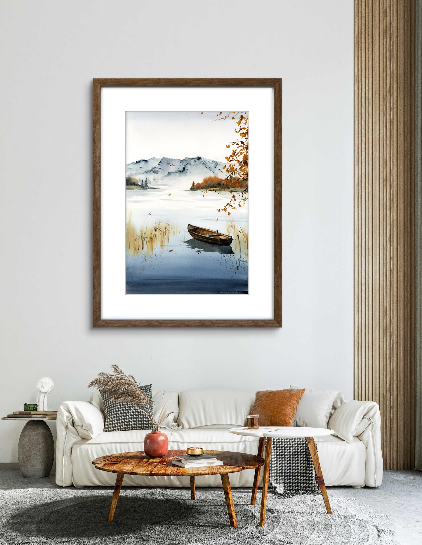 Serene Lake Rowboat Watercolor Print - Autumn Landscape Art