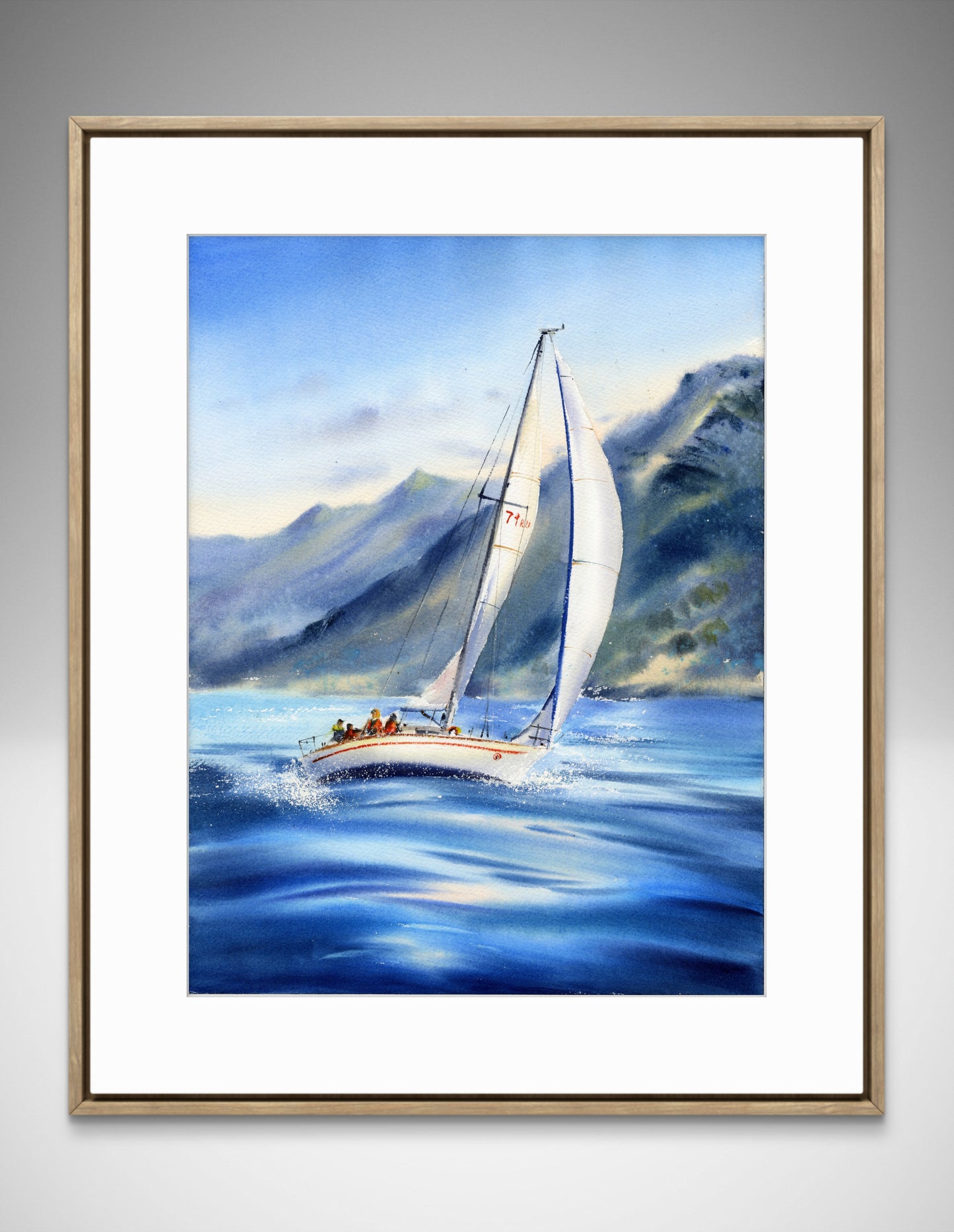 Sailing Boat Watercolor Painting, Ocean Landscape Art, Yacht on the waves #4 12x16
