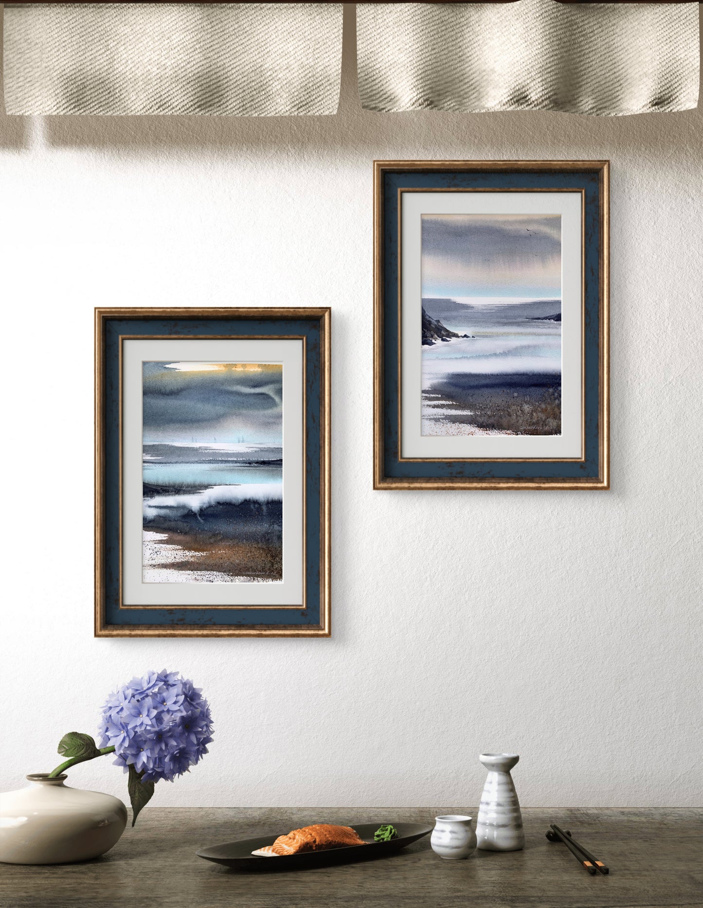 Abstract Nordic Seascape Painting Watercolor Original, ABSTRACTION SEA #4 9x12 in