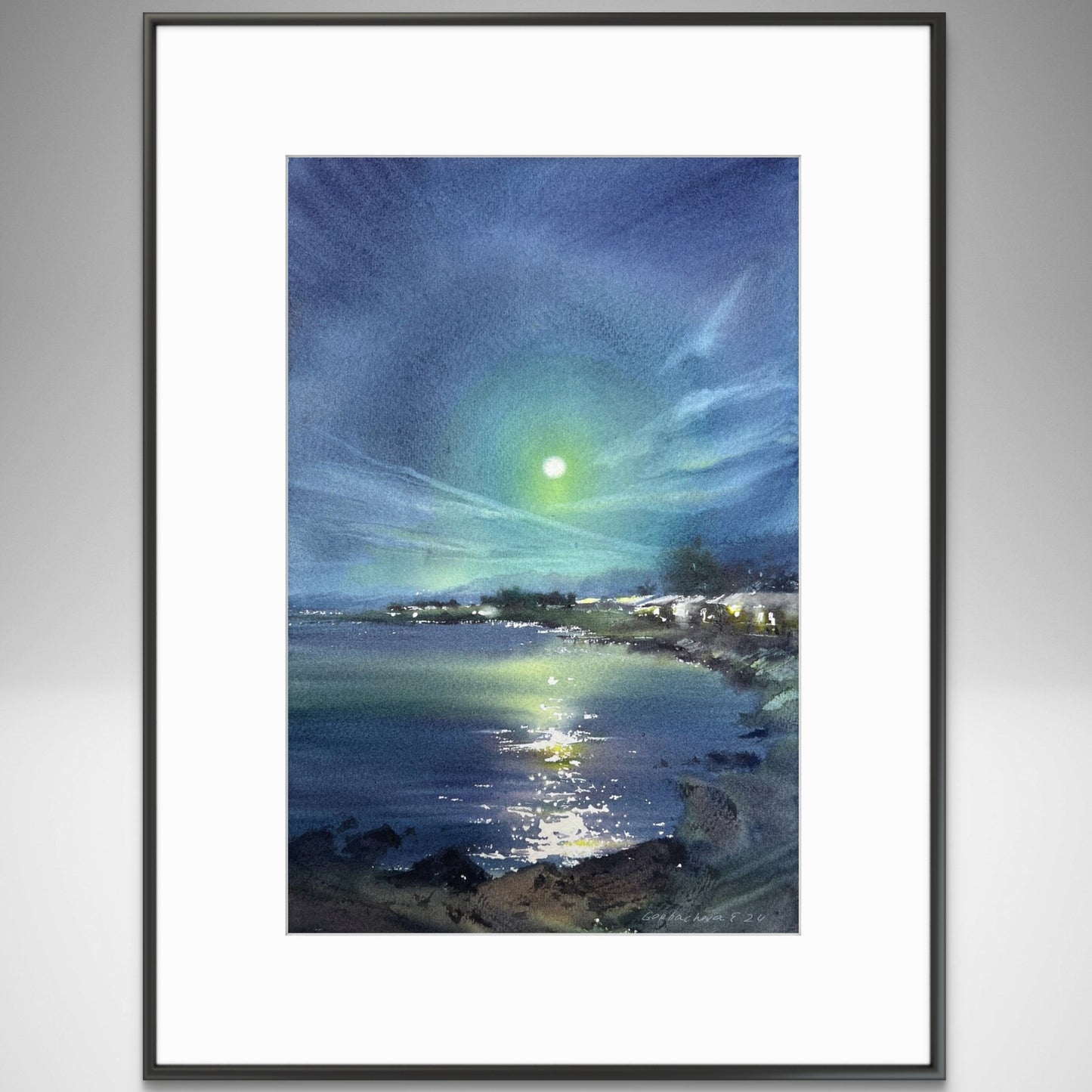 Seascape Painting Original, Small Watercolor Artwork - In the moonlight #4