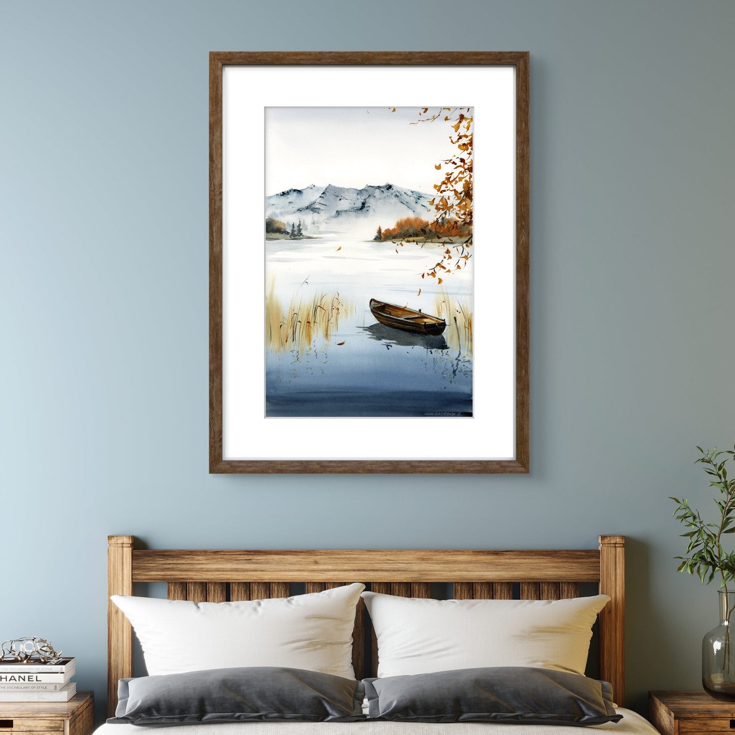 Serene Lake Rowboat Watercolor Print - Autumn Landscape Art