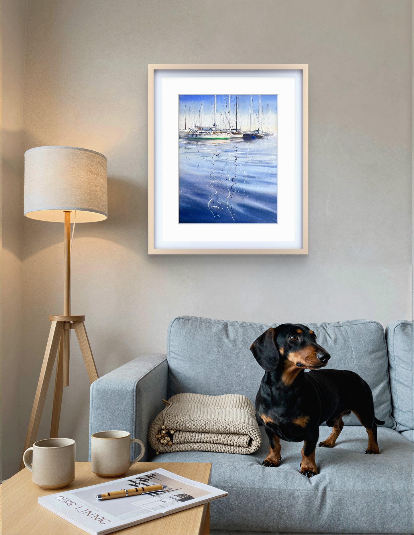 Original Watercolor Marina Painting, Sailboats Harbor Reflection, Blue Harbor Poetry 12x16