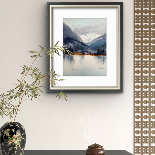 Mountain Lake House Watercolor, Original Landscape Painting, Mountain Lake #12 12x16