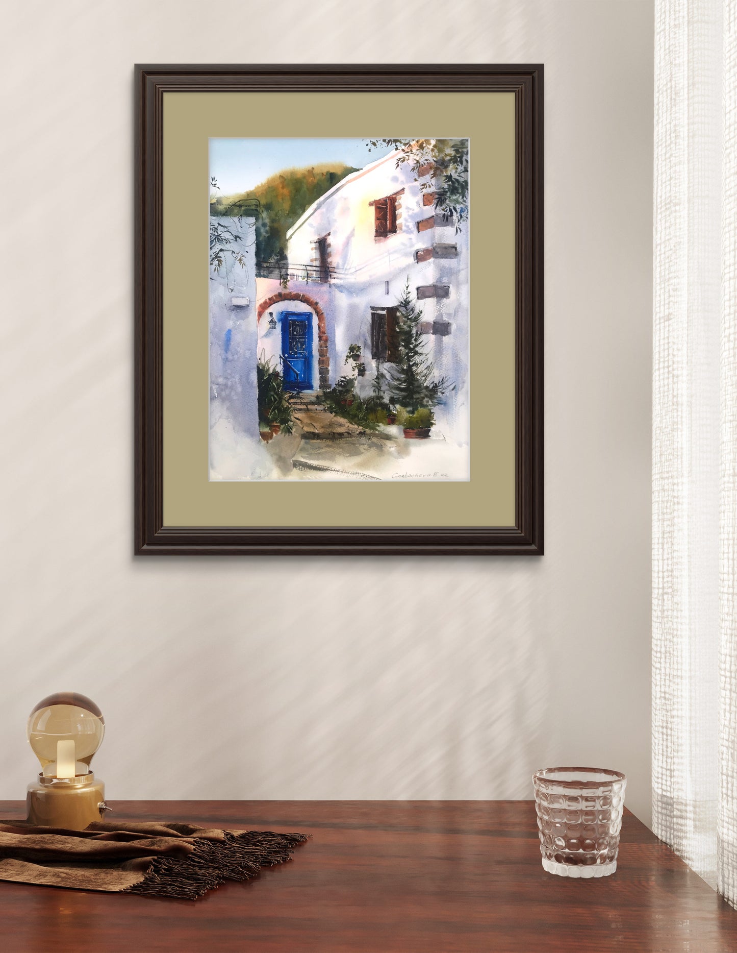Greek Coastal City Painting Original, Sunset Watercolor Artwork, Greece Coast Village, Greek Village Sunrise #3 12x16