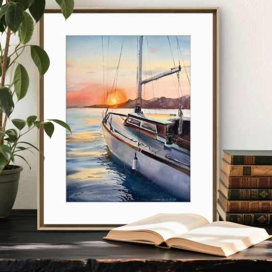 Nautical Painting Original Watercolor, Yacht Wall Art, Sunset Sailboat Artwork,Yacht at Sunset #7 12x16