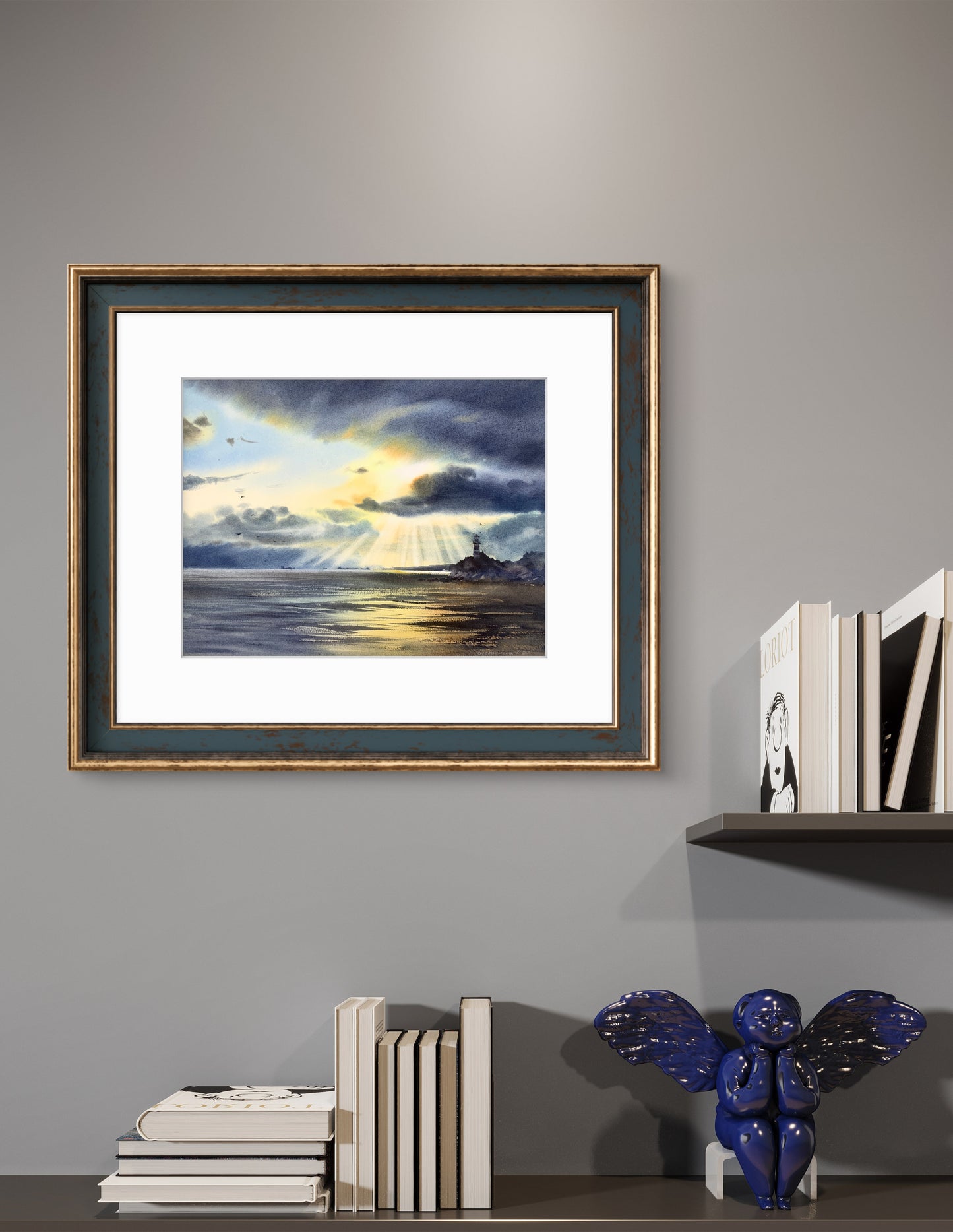 Watercolor Ocean Painting Lighthouse Original Art, Lighthouse in the sun 12x16