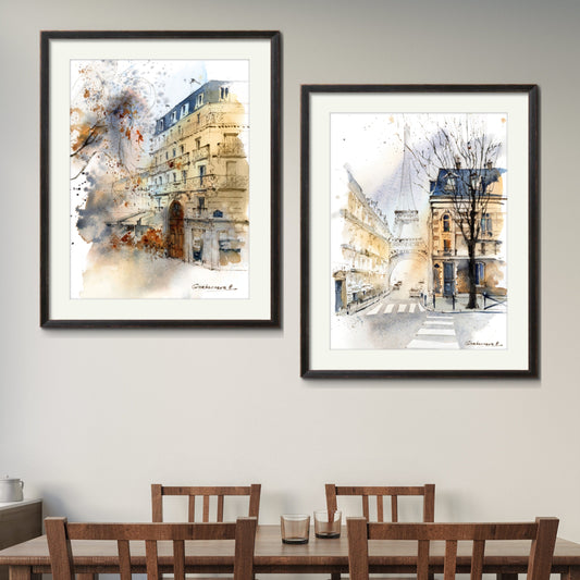 Parisian Elegance: Set of 2 Fall Watercolor Prints | Giclee Art of Eiffel Tower & Streets