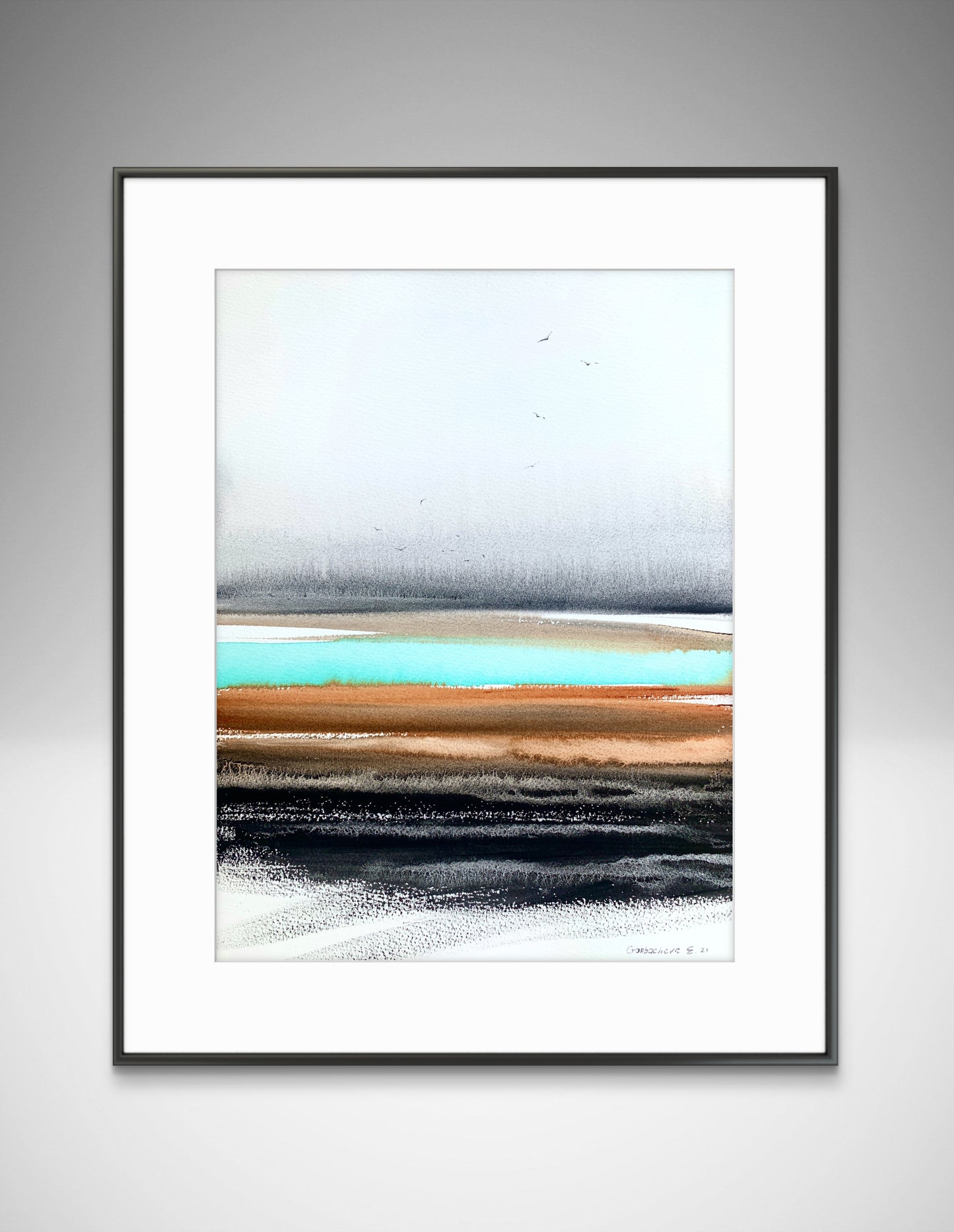 Abstract Landscape Watercolor Painting - River Valley in Burnt Orange
