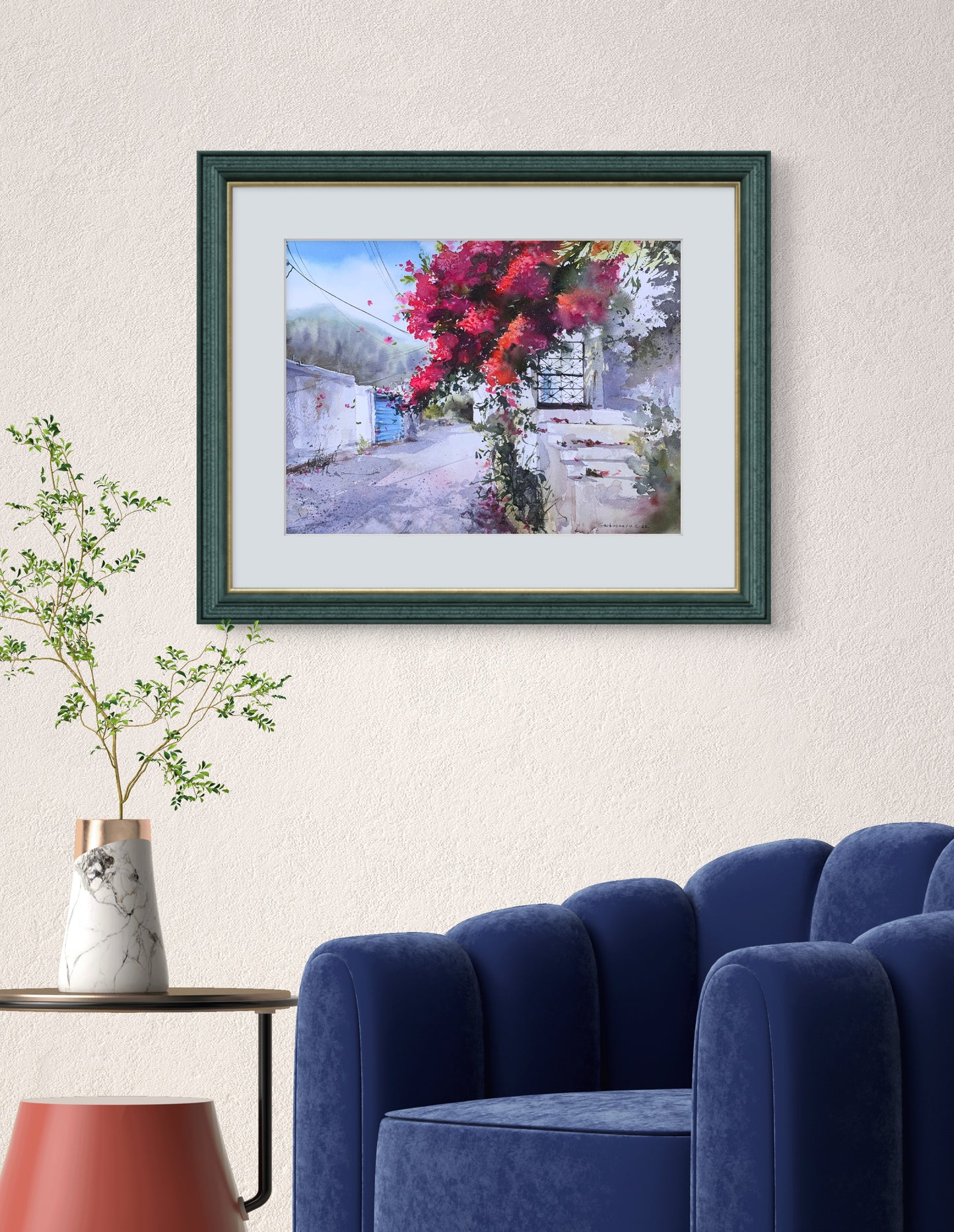 Greek Painting Watercolor, Original Artwork, Greece, Blue White Cityscape, Bougainvillea Wall Art, ENGLISH VILLAGE CYPRUS #6 12x16