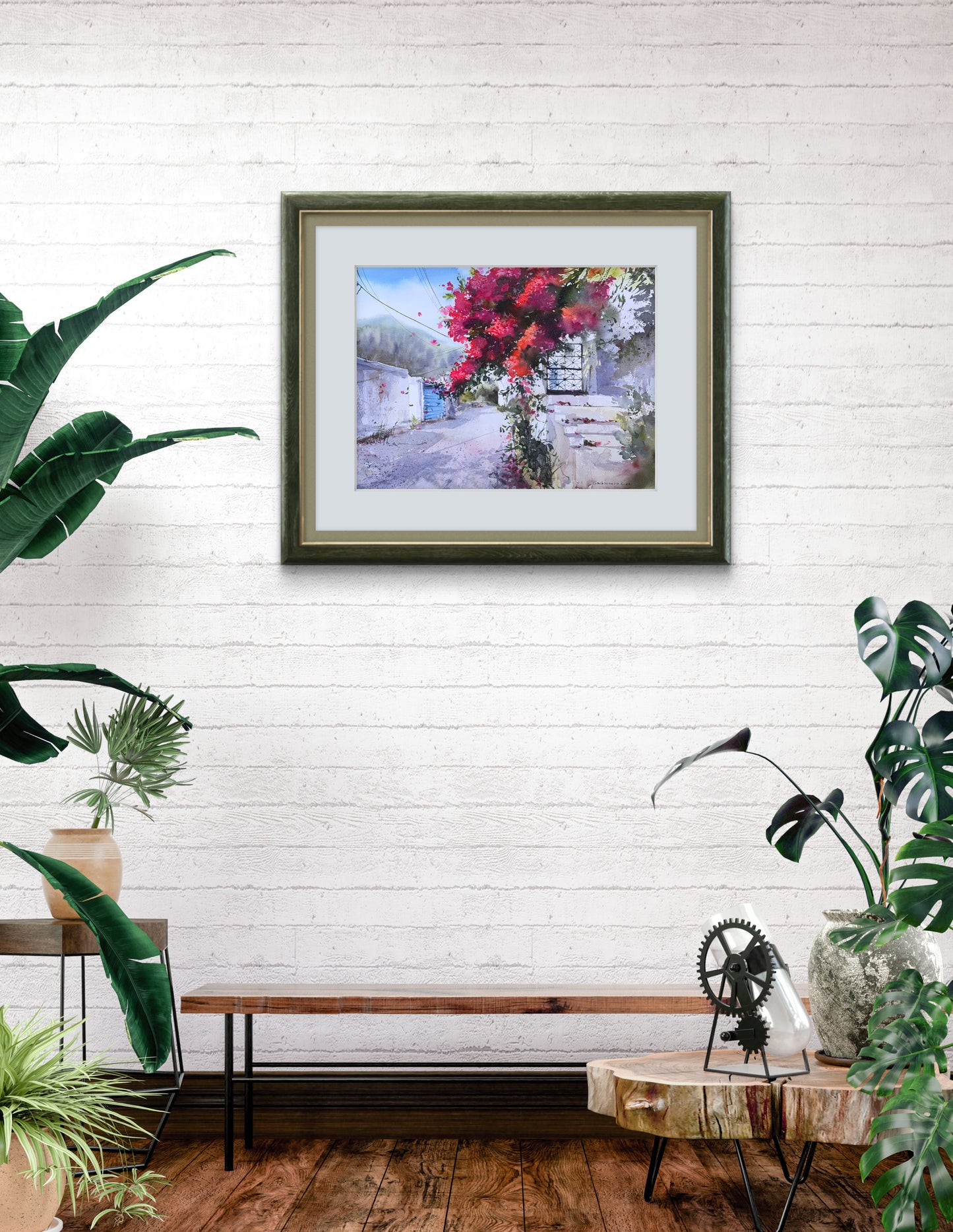 Greek Painting Watercolor, Original Artwork, Greece, Blue White Cityscape, Bougainvillea Wall Art, ENGLISH VILLAGE CYPRUS #6 12x16
