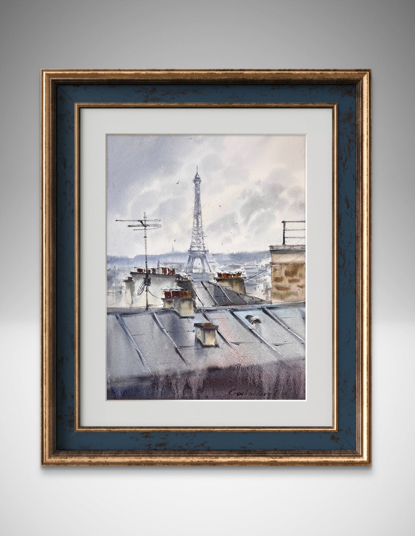Eiffel Tower Watercolor Painting, Paris Rooftops Original Art, Grey Skies of Paris 9x12