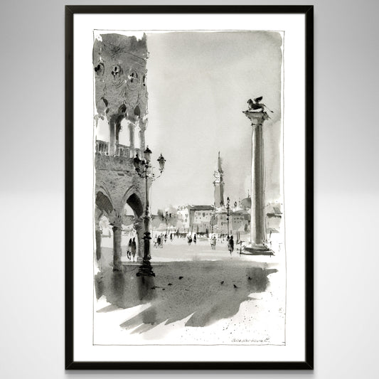 Venice Cityscape Wall Art - Watercolor Painting Print in Monochrome Giclee