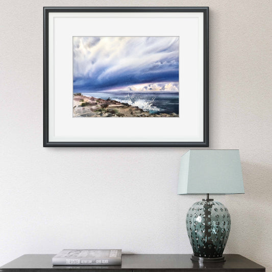 Storm Clouds Painting Original, Coastal Watercolor Artwork, Sea Waves, Seaside Wall Art, Seascape Home Wall Decor, Gift