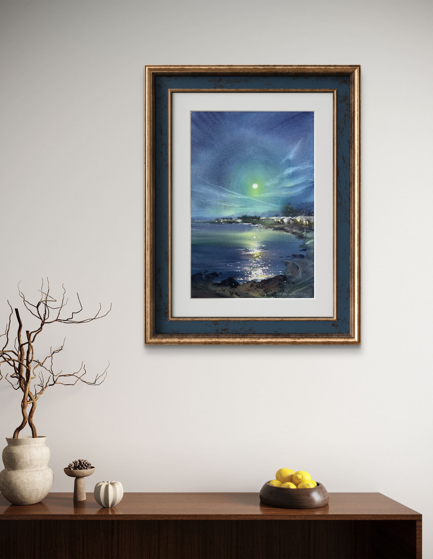 Seascape Painting Original, Small Watercolor Artwork - In the moonlight #4