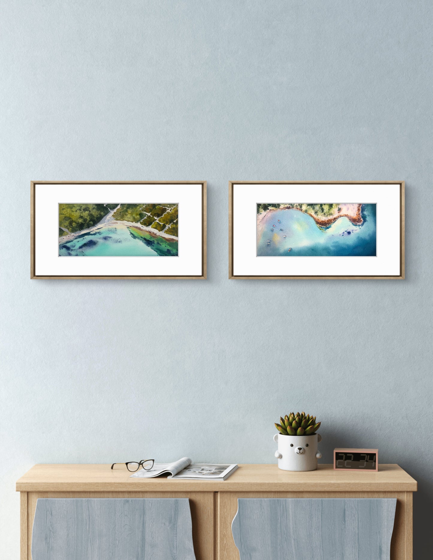 Aerial Beach Watercolor Painting, Seaside from a height of flight 6x12